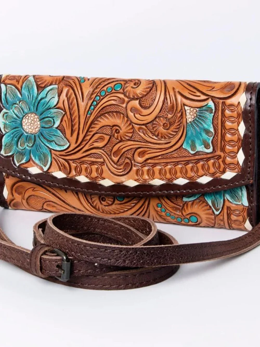 American Darling Tooled Teal/Turquoise Floral Crossbody Wallet
